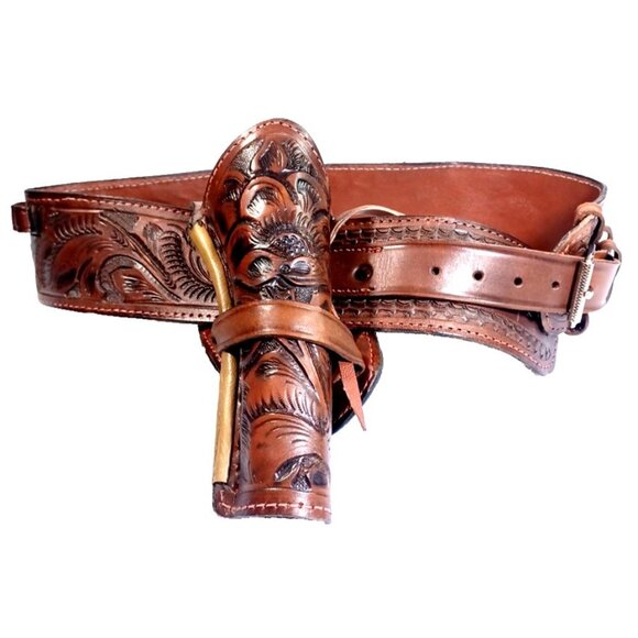 Vintage Tooled Leather Western Gun Belt & Holster 40” Cowboy Rig DarkBrown
